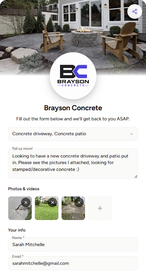 Brayson Concrete intake form
